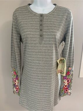 NWT Aratta Gray Striped Long-Sleeve Henley with Floral Embroidered Cuffs